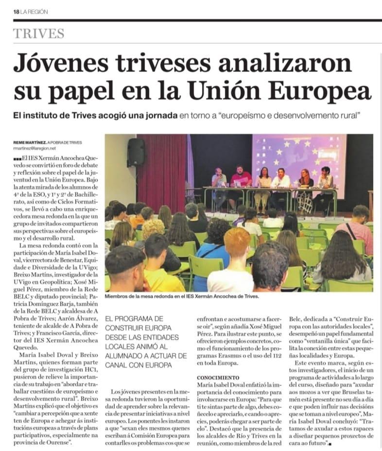 Newspaper clipping titled: Young people from Trives analysed their role in the EU. The Trives institute hosted a conference on "Europeanism and rural development"