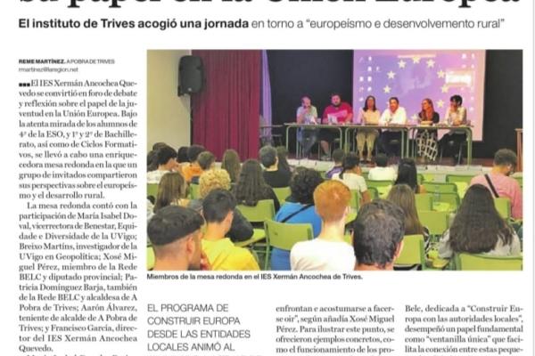 Newspaper clipping titled: Young people from Trives analysed their role in the EU. The Trives institute hosted a conference on "Europeanism and rural development"